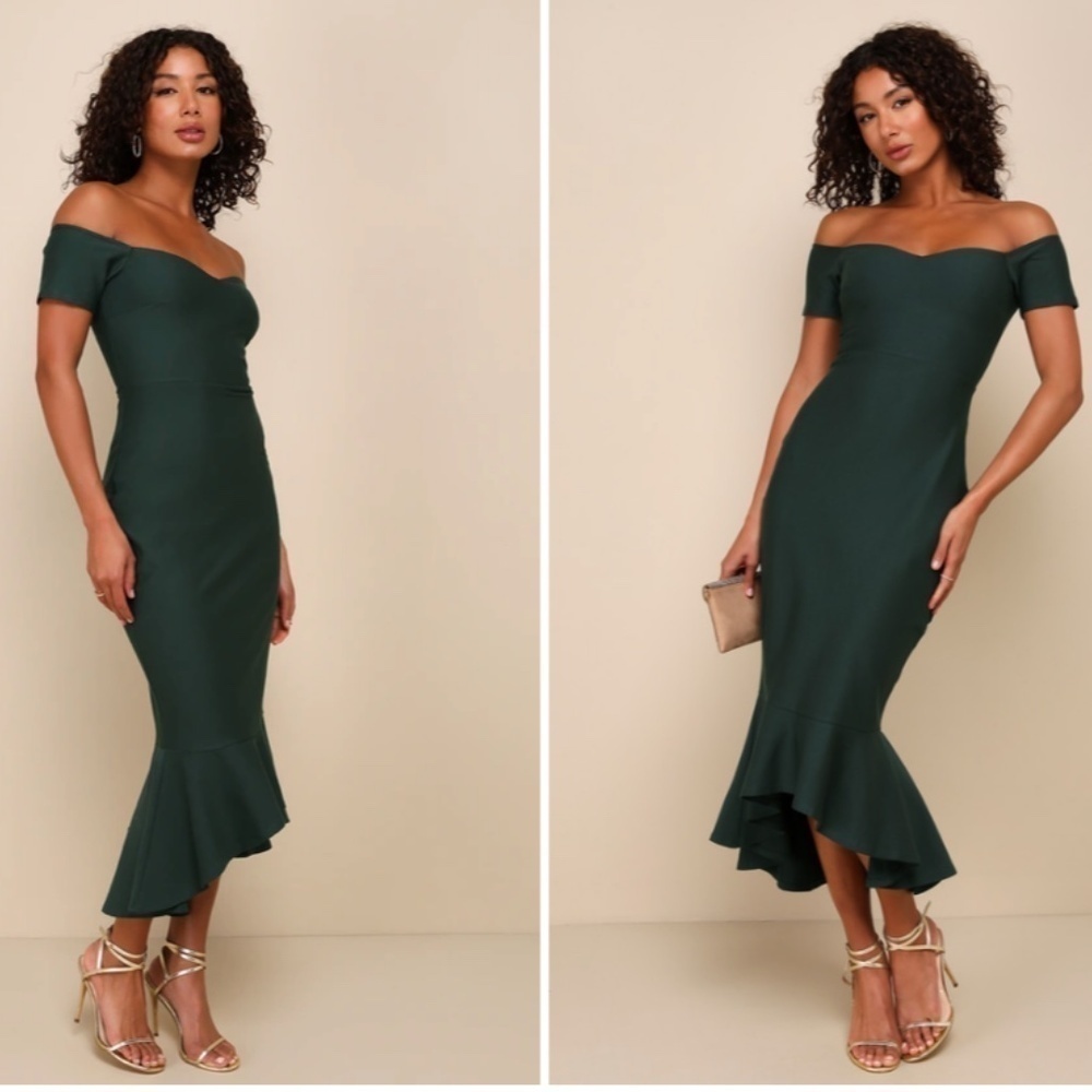 Lulu's Elegant Green Off-Shoulder Dress